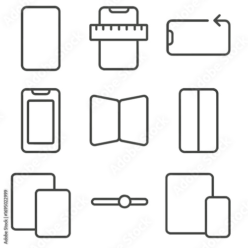 Mobile Design Icons. Outline style icons of Mobile Design: mobile viewport outline, breakpoint ruler bar, landscape rotation icon,