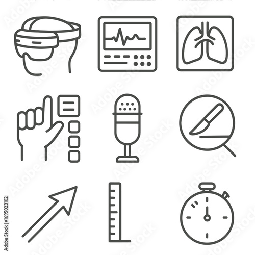 Mixed Reality Surgery Icons. Outline style icons of Mixed Reality: surgical visor display, patient vitals window, 3-D organ