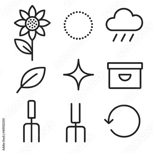 Minimalist Sunflower Icons. Outline style icons of Minimalist Sunflower: eight-petal star, inner seed hub, segmented stalk bar,