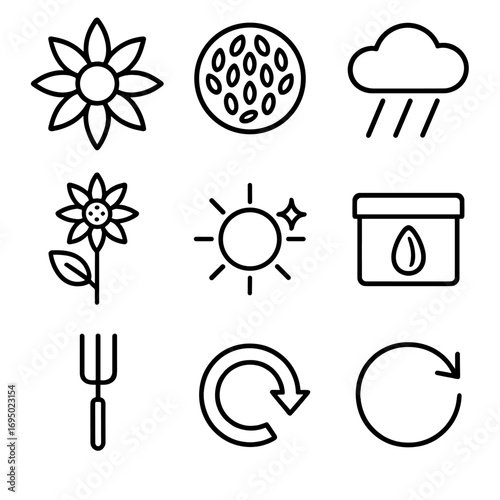 Minimalist Sunflower Icons. Outline style icons of Minimalist Sunflower: eight-petal star, inner seed hub, segmented stalk bar,