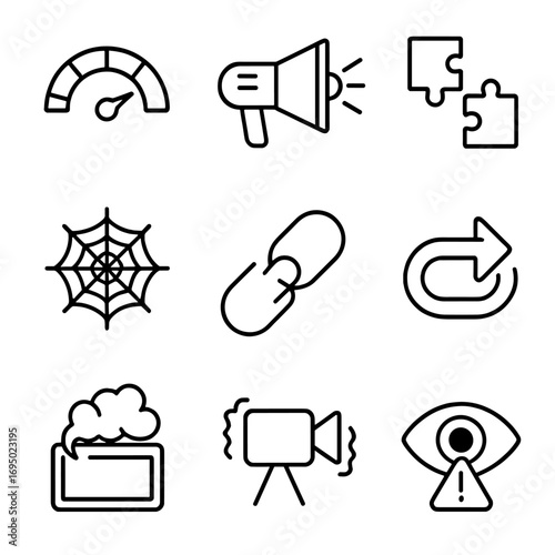 Misinformation Icon Set. Outline style icons of Misinformation: bias dial gauge, propaganda loudspeaker, detached fact puzzle,