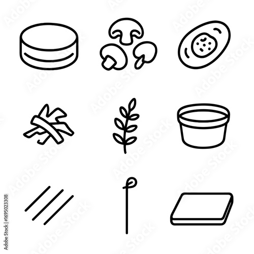 Mini Appetizer Icons. Outline style icons of Mini Appetizers: polenta round, mushroom ragout, truffle oil drizzle, parmesan shred,