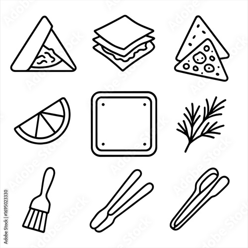 Mini Appetizers Icons. Outline style icons of Mini Appetizers: spanakopita triangle, flaky filo layer, spinach feta filling,