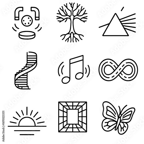 Mind Expansion Icons. Outline style icons of Mind Expansion: levitating magnet sphere, neuron tree canopy, prism light beam,