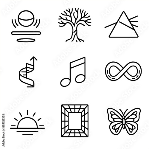 Mind Expansion Icons. Outline style icons of Mind Expansion: levitating magnet sphere, neuron tree canopy, prism light beam,