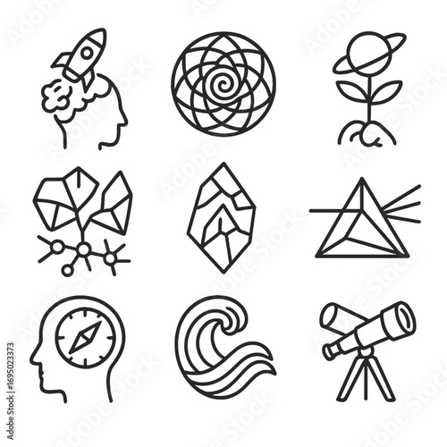 Mind Expansion Icons. Outline style icons of Mind Expansion: cerebral rocket plume, spiral mandala ring, cosmic seed sprout,