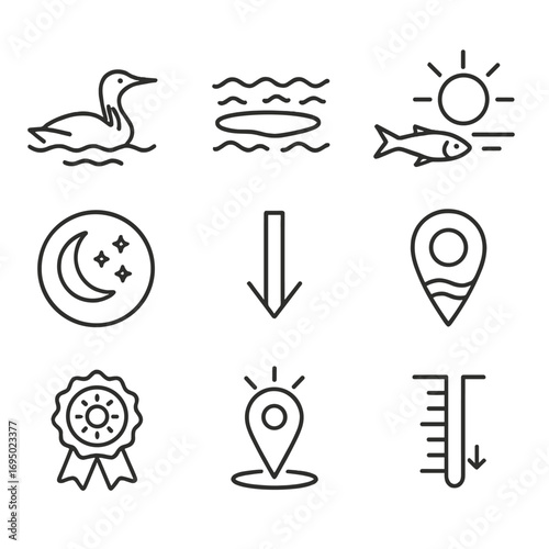 Migratory Bird Icons. Outline style icons of Migratory Birds: Arctic loon glide, open water lead, fish prey dart, equinox cue sun,