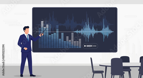 Business presentation on audio analysis using digital tools and visual graphs in modern conference