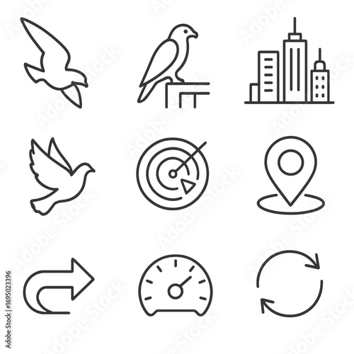 Urban Bird Migration Icons. Outline style icons of Migratory Birds: peregrine falcon stoop, skyscraper ledge nest, city skyline