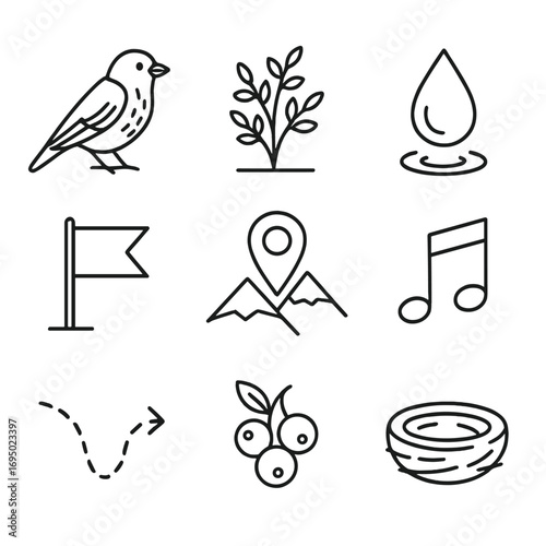 Migratory Birds Icons. Outline style icons of Migratory Birds: Arctic fox sparrow, tundra shrub icon, snow melt droplet, spring
