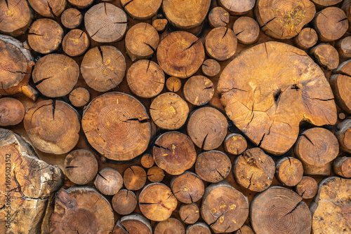 Sacked logs of firewood texture. Firewood background.
