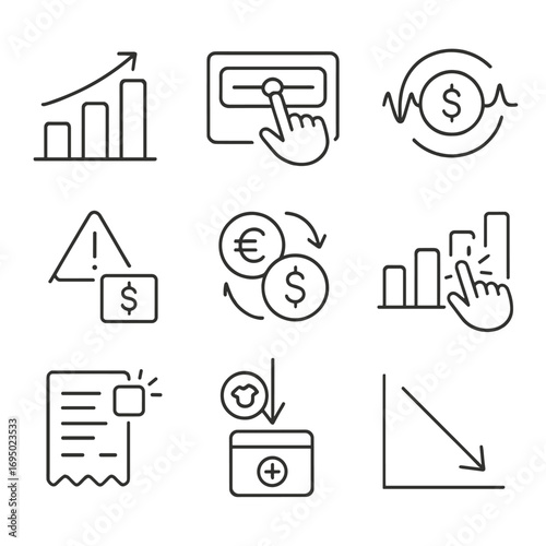 Microinteraction Icons Set. Outline style icons of Microinteraction: budget bar grow, expense add slide, goal save pulse,
