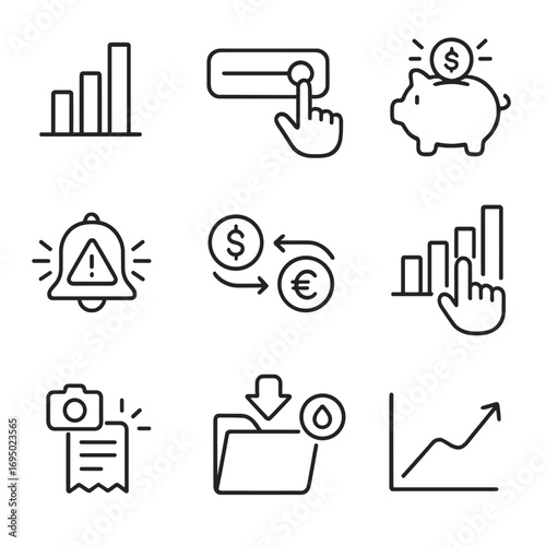Microinteraction Icons Set. Outline style icons of Microinteraction: budget bar grow, expense add slide, goal save pulse,