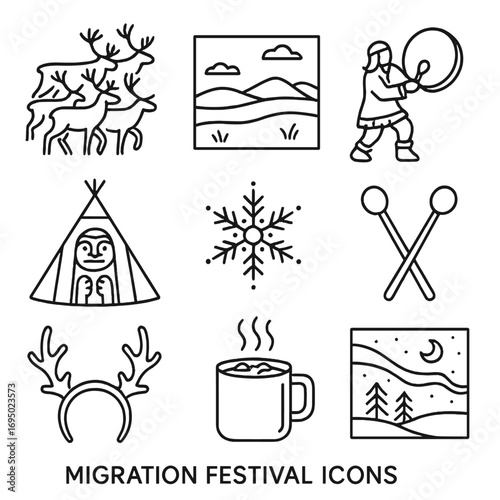 Migration Festival Icons. Outline style icons of Migration Festival: caribou herd icon, tundra mural wall, traditional drum dance,