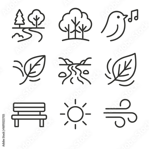 Icons of Mental Recovery. Outline style icons of Mental Recovery: calming nature trail, forest tree canopy, bird song note, water