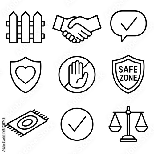 Mental Recovery Icons. Outline style icons of Mental Recovery: personal boundaries fence, respectful handshake, consent talk