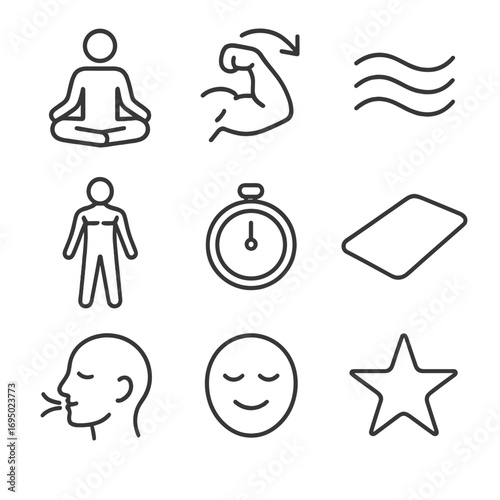 Mental Recovery Icons. Outline style icons of Mental Recovery: progressive muscle relax icon, tense flex arrow, release wave, body