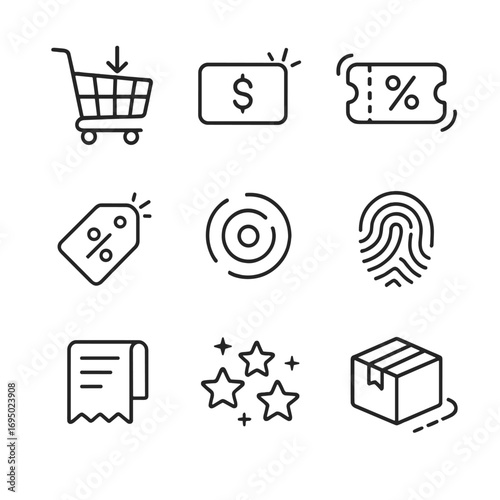 Microinteraction Icon Set. Outline style icons of Microinteraction: shopping cart drop, subtotal bump, coupon code wiggle,