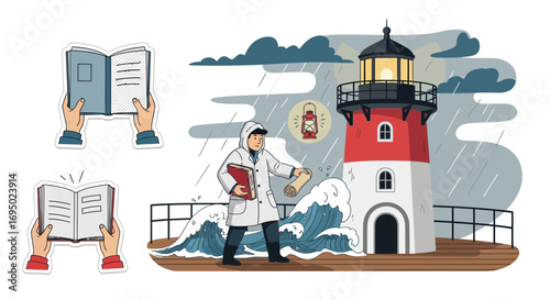 Captivating Cartoon Illustration of a Lighthouse Keeper Amidst a Storm with Literary Elements
