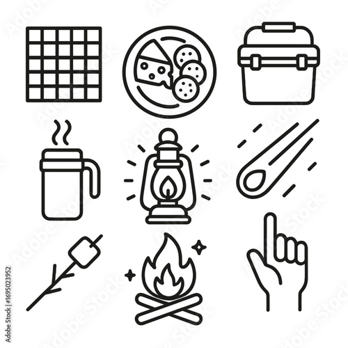 Meteor Shower Picnic. Outline style icons of Meteor Shower: picnic blanket grid, cheese cracker plate, insulated cooler box,