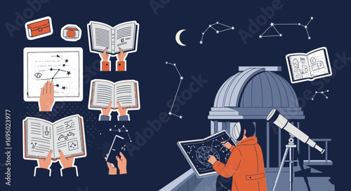 Captivating illustration of an astronomer observing constellations with books and telescope under