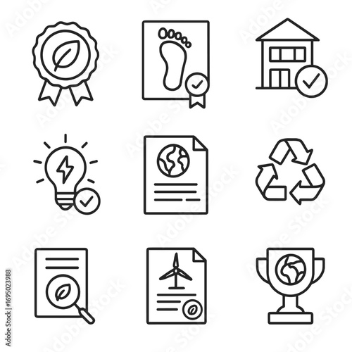 Eco Certification Icons. Line style icons of environmental and sustainability certificates: eco compliance badge, carbon footprint