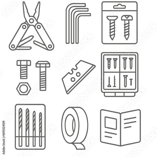 Toolbox Essentials Icons. Line style icons of toolbox essentials: multi-tool, hex keys, screws pack, nuts and bolts, utility blade