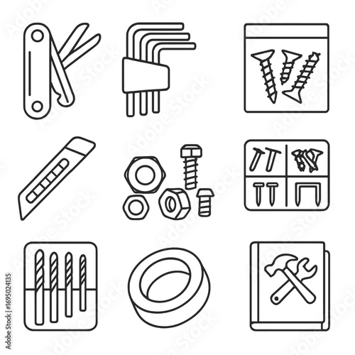 Toolbox Essentials Icons. Line style icons of toolbox essentials: multi-tool, hex keys, screws pack, nuts and bolts, utility blade