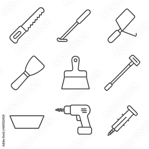 Drywall Tool Icons. Line style icons of drywall installation tools: drywall saw, panel lifter, corner trowel, joint knife, taping
