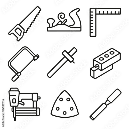 Carpentry Tools Icons. Line style icons of carpentry tools: hand saw, wood plane, carpenter square, coping saw, marking gauge,