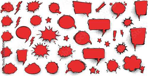 Collection of vibrant red comic book speech bubbles, dialogue balloons, and pop art explosion shapes with a grunge shadow effect