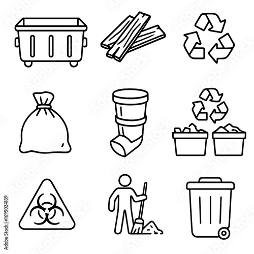 Construction Waste Icons. Line style icons of construction waste and disposal: dumpster bin, scrap wood, recycling icon, waste bag
