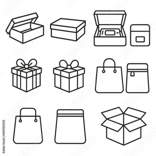 Retail Packaging Icons. Line style icons of open and closed retail packaging: open shoebox, closed shoebox, open electronics box,