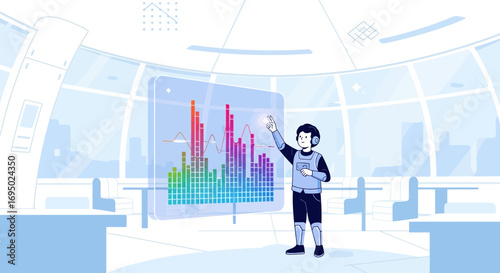 Cartoon character interacting with holographic interface displaying data visualizations technology