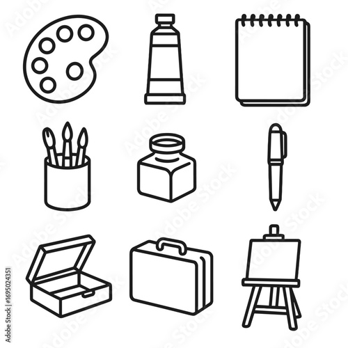 Artistic Tools Icons. Line style icons of open and closed artistic tools: open paint palette, closed paint tube, open sketchpad,