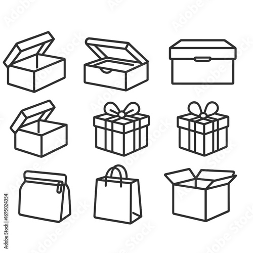 Retail Packaging Icons. Line style icons of open and closed retail packaging: open shoebox, closed shoebox, open electronics box,