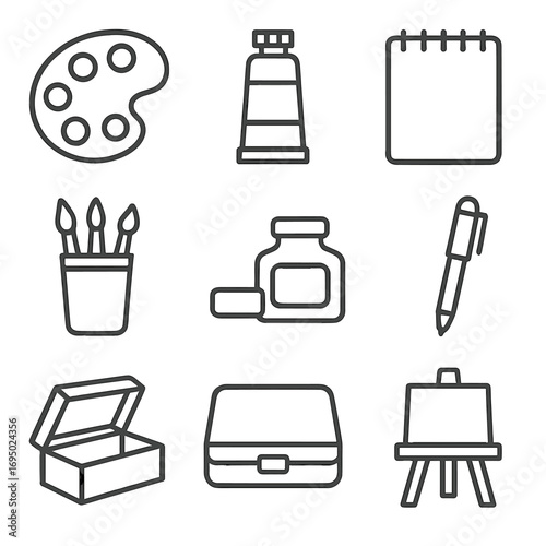 Artistic Tools Icons. Line style icons of open and closed artistic tools: open paint palette, closed paint tube, open sketchpad,