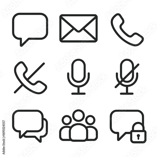 Communication Icons Set. Line style icons of open and closed communication: open chat bubble, closed envelope, open call icon,