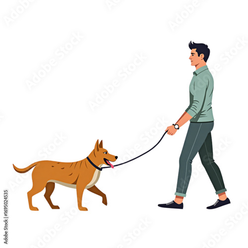 Stylized illustration of a person walking a brown dog on a leash, showcasing a relaxed and active lifestyle


