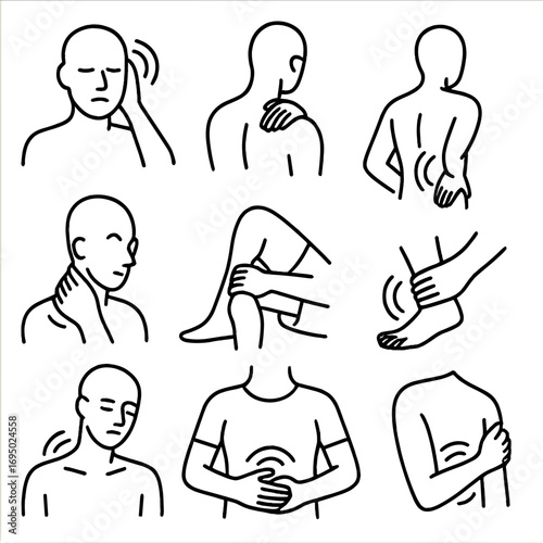 Common Pain Zone Icons. Line style icons of typical pain zones: head pain, shoulder tension, lower back pain, knee ache, neck