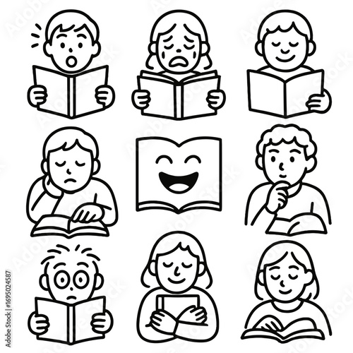 Reader Emotion Icons. Line style icons of reader expressions: surprised reader, crying over book, smiling while reading, sleepy