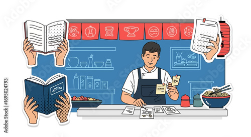 Cartoon illustration of a chef planning his menu with recipe books and customer notes