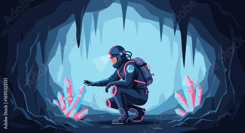 Cave explorer discovering pink crystals in a subterranean environment adventure, illustration with