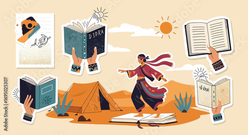 Celebrating the joy of reading and exploration in a vibrant cultural landscape illustration