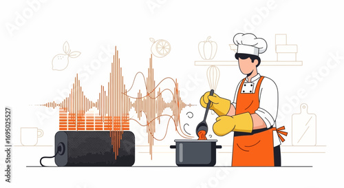 Chef cooking with music background, enjoying a culinary adventure and listening to favorite tracks