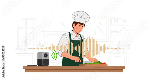 Chef listening to music while cooking in the kitchen with smart speaker for enjoyment and