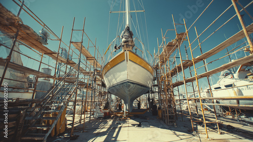 Sailboat under maintenance with scaffolding in shipyard on sunny day  

