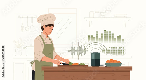 Chef preparing food with a smart speaker assistant, creating a modern culinary experience
