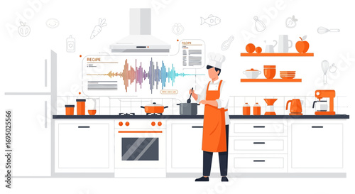 Chef preparing meal with voice assistant recipe in modern kitchen illustration