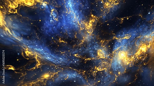 Abstract cosmic background with glowing gold and blue particles, highly detailed, celestial and vibrant, dynamic and serene, cosmic and magical, striking and captivating atmosphere